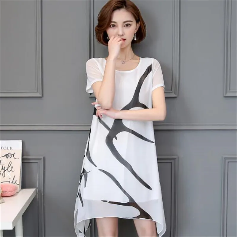 Женское шифоновое платье с круглым вырезом свободное в Корейском стиле модель