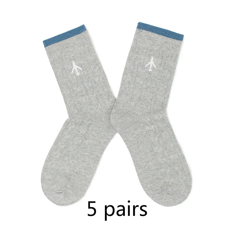 5 pairs grey socks Высокое качество вышивка самолет для женщин и мужчин платье в деловом стиле хлопок Crew носки подарок дизайнерский бренд Новинка Забавный Sox белый милый - Цвет: 5 pairs grey socks