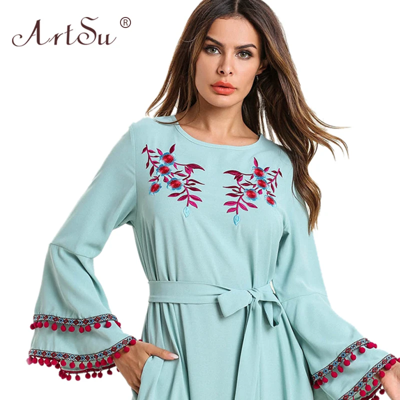 Женское винтажное платье макси ArtSu Boho в этническом стиле с расклешенными