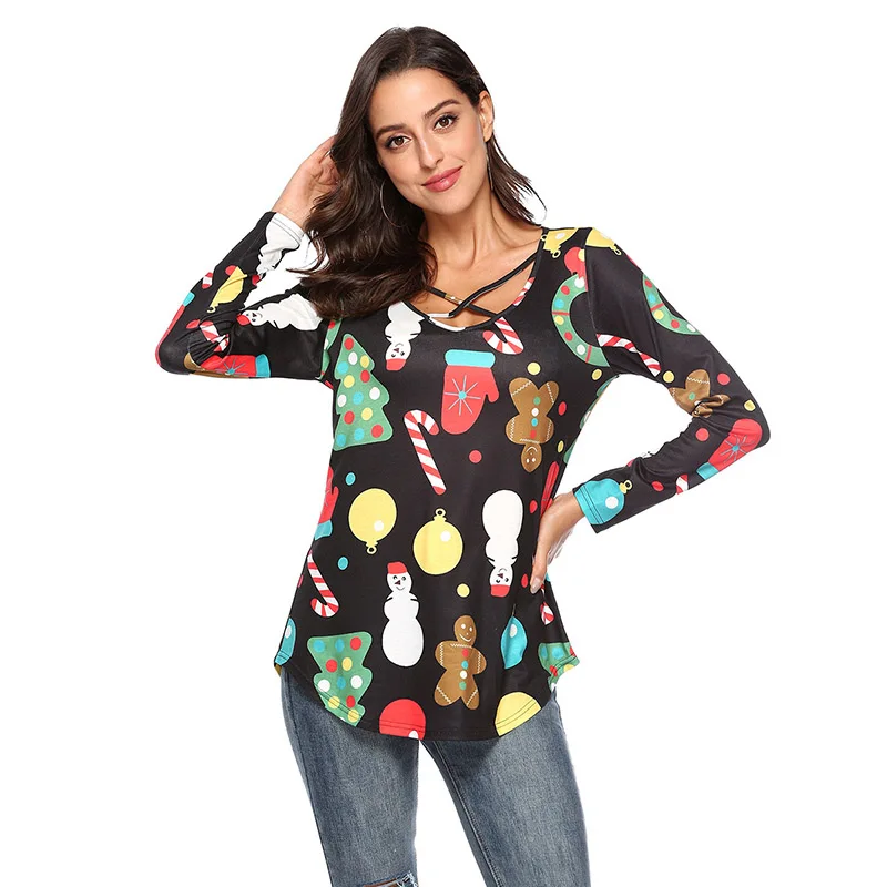 JSMYGS 2018 Christmas T-shirt Women Long Sleeve Tees Female Snowman Print Slim T Shirts Fashion Casual Pullover Tops | Женская одежда