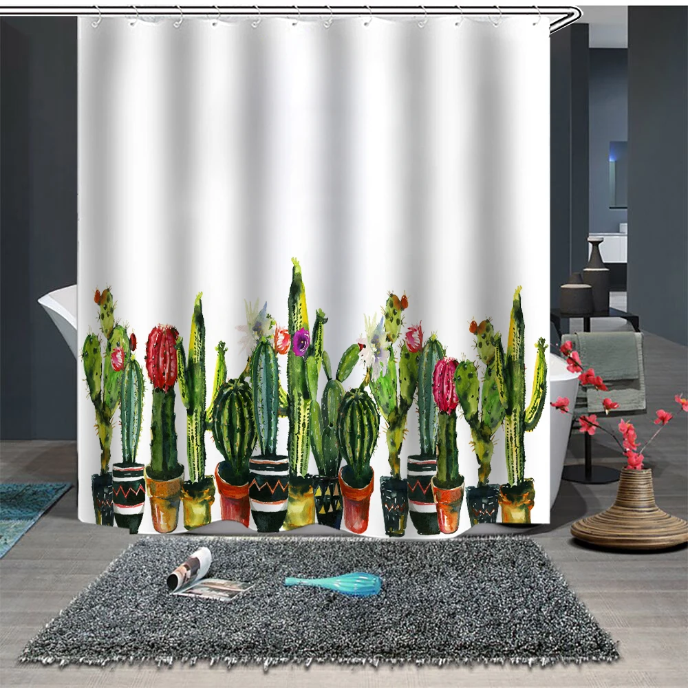 

Custom Made Shower Curtain Bathroom Curtain Partition 1.5 x 1.8m 1.8 x 1.8m 1.8 x 2m Floral Cactus White