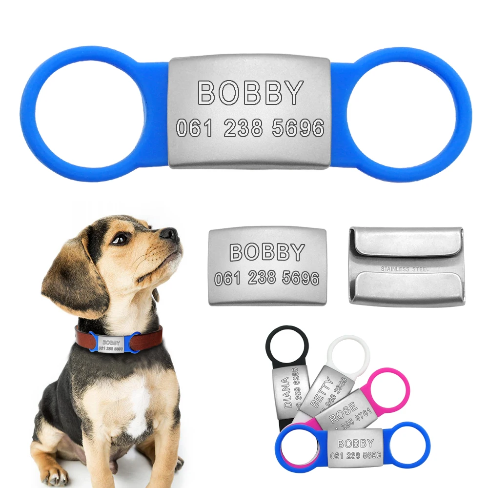 

Stainless Steel Personalized Dog Cat ID Tag Customized Engraved Pet Nameplate Tags With Tensile Rubber For Pets Collar Leash