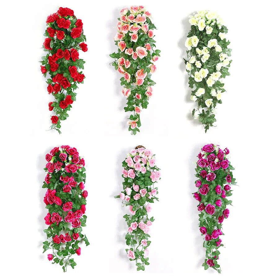 

green Leaf with artificial rose flower bouquet Plastic Artificial Flower string For Home Wedding Decor Hanging Garland Flowers