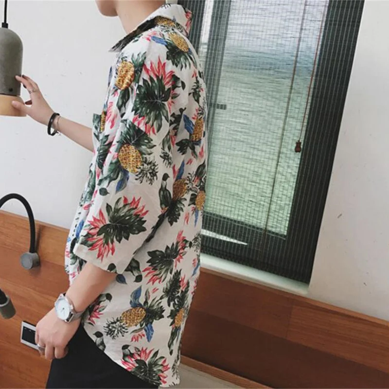 

Summer Men Hawaii Shirt Fruit Printed Half Sleeve Turn-down Collar Plus Size M-5XL Tops Holiday Casual Loose Shirts 226-081