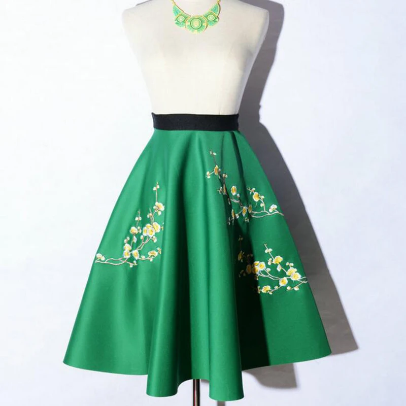 Горячие Продажи 2017 Midi Юбка Saia Элегантный Зеленый Пространство Хлопок Цветочные