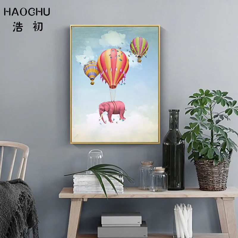 HAOCHU Nordi плакат розовый слон бабочка живопись на холсте мультфильмы воздушном