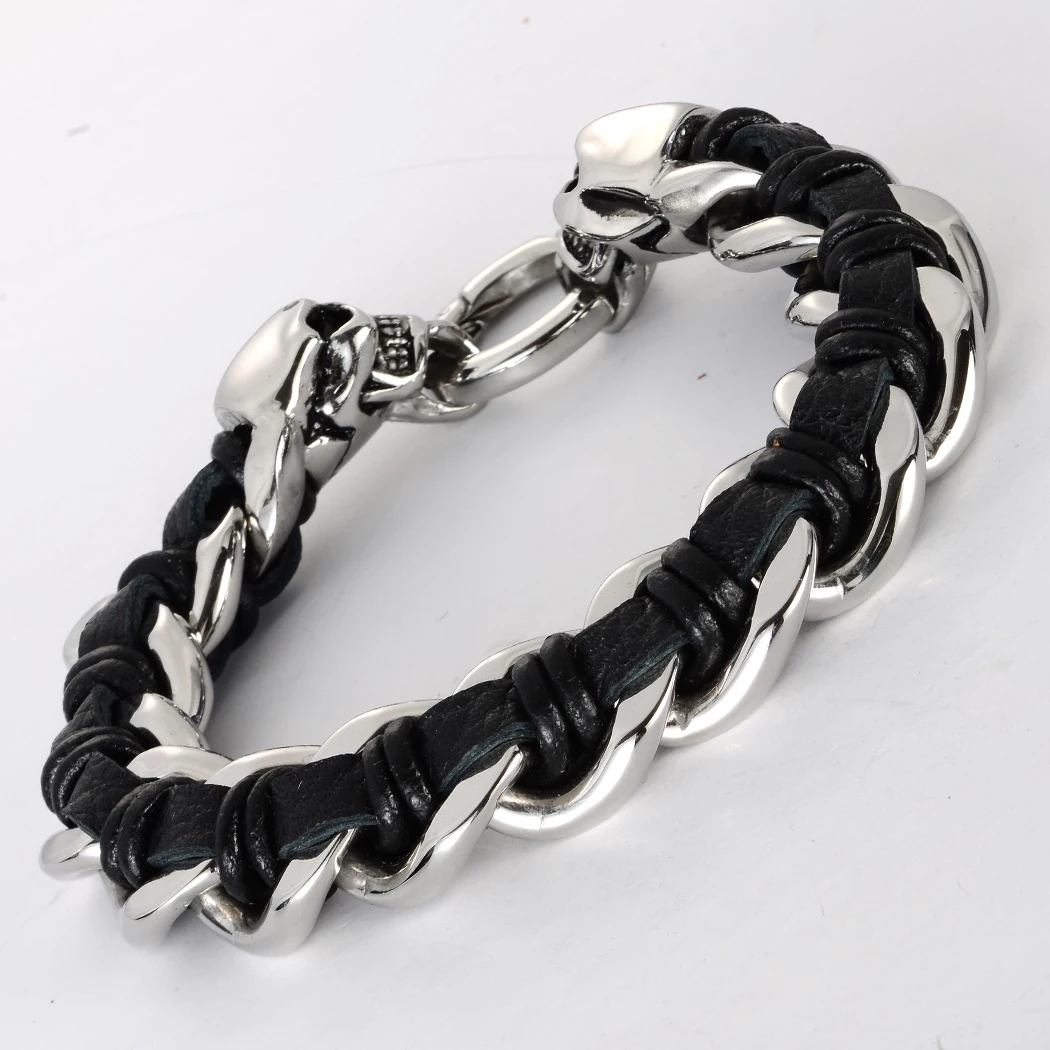Мужской кожаный браслет с черепом из нержавеющей стали 316L biker heavy jewelry подарки