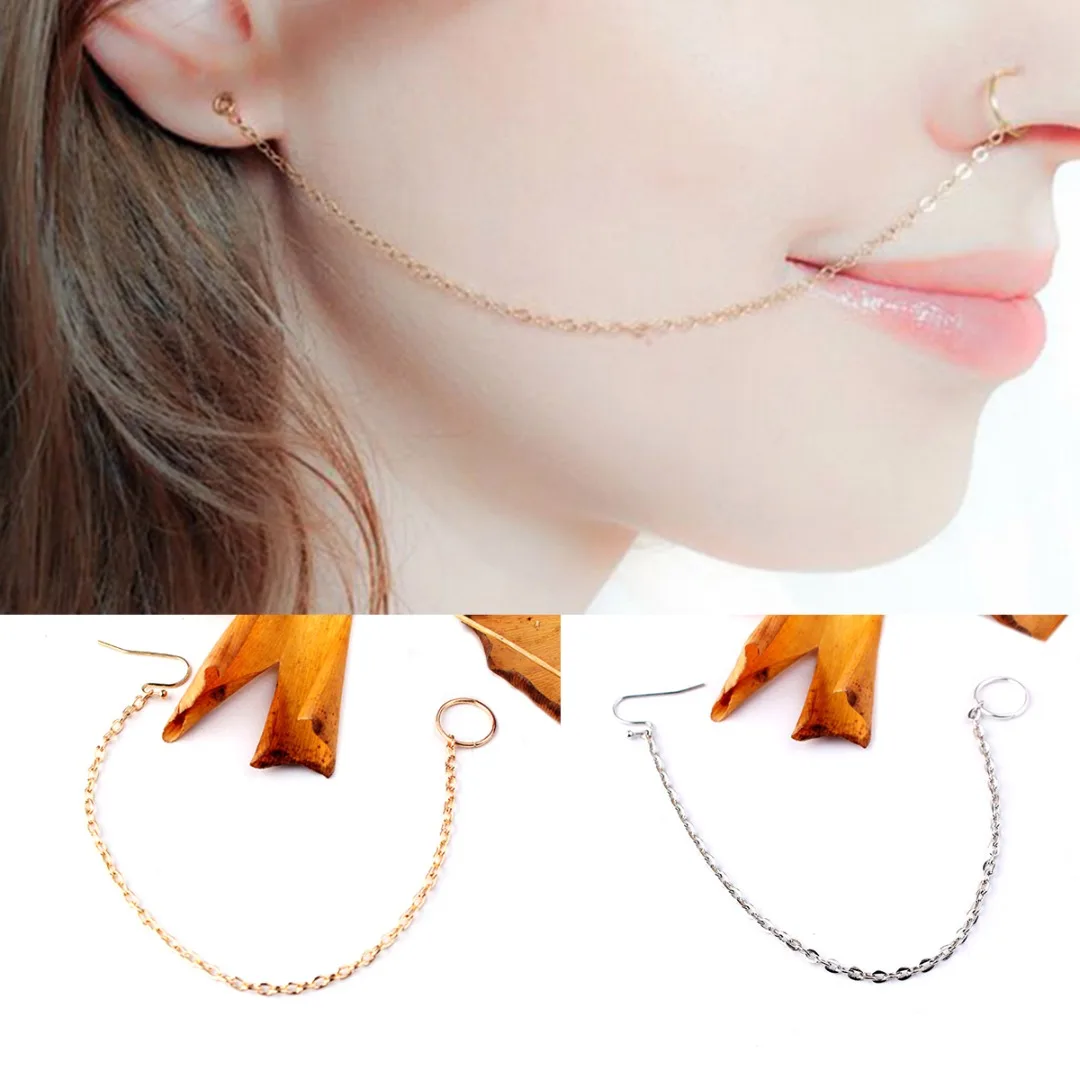 

Punk Ethnic Copper Clip On Nose Lip Ear Chain For Women Girl Shellhard Nose Ring Stud Body Piercing Indian Jewelry