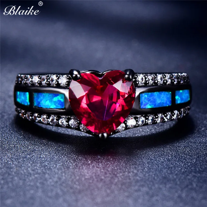 Blaike Aqua Blue/Шампанское/зеленый/розовый, красный/оливковый зеленый/Фиолетовый Сердце Циркон Кольца для женский, черный gold Filled Обручение ювелирные изделия