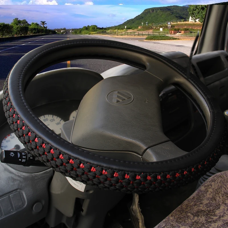 

KKYSYELVA PU Leather +Silk Steering Wheel Covers for Car Bus Truck 36 38 40 42 45 47 50cm Diameter Auto Steering-wheel cover