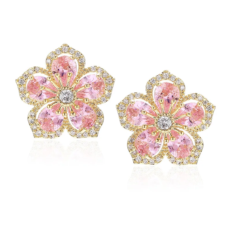Cherry pink Серьги-гвоздики с цветком сливы, Серебряная булавка, AAA циркон, инкрустация родиевым покрытием, элегантные женские серьги XIUMEIYIZU, популярные ювелирные изделия - Окраска металла: Cherry pink