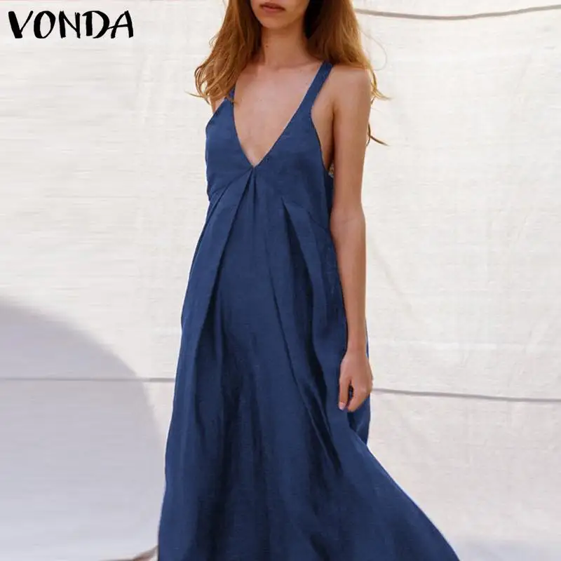 VONDA, сексуальное женское платье, лето, повседневное, квадратный вырез, без рукавов, на бретельках, вечерние, длинные платья, праздничное, с открытой спиной, Vestido 5XL