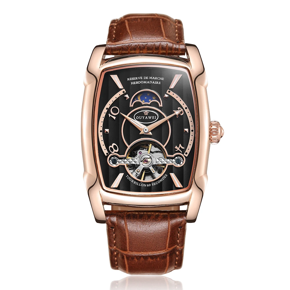 OUYAWEI мужские часы лучший бренд класса люкс Tonneau чехол Tourbillon автоматические механические фаза Луны Мужские часы кожаный ремешок наручные часы