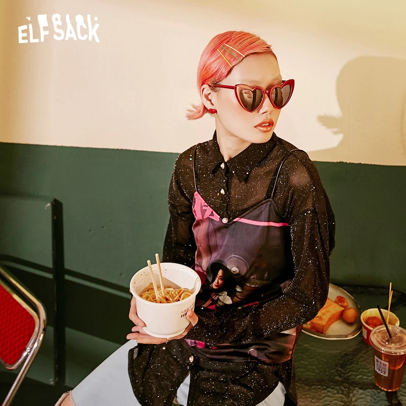 ELF SACK винтажные блестящие сексуальные открытые женские рубашки 2019 осенние