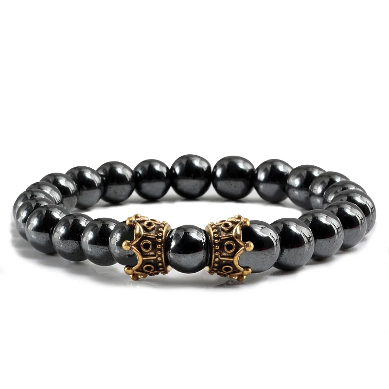 Hematite Gold Очаровательный натуральный камень, золотой, черный браслет с короной, гематит, черная лава, из бисера, мужские браслеты, пара, женские браслеты, модное ювелирное изделие - Окраска металла: Hematite Gold