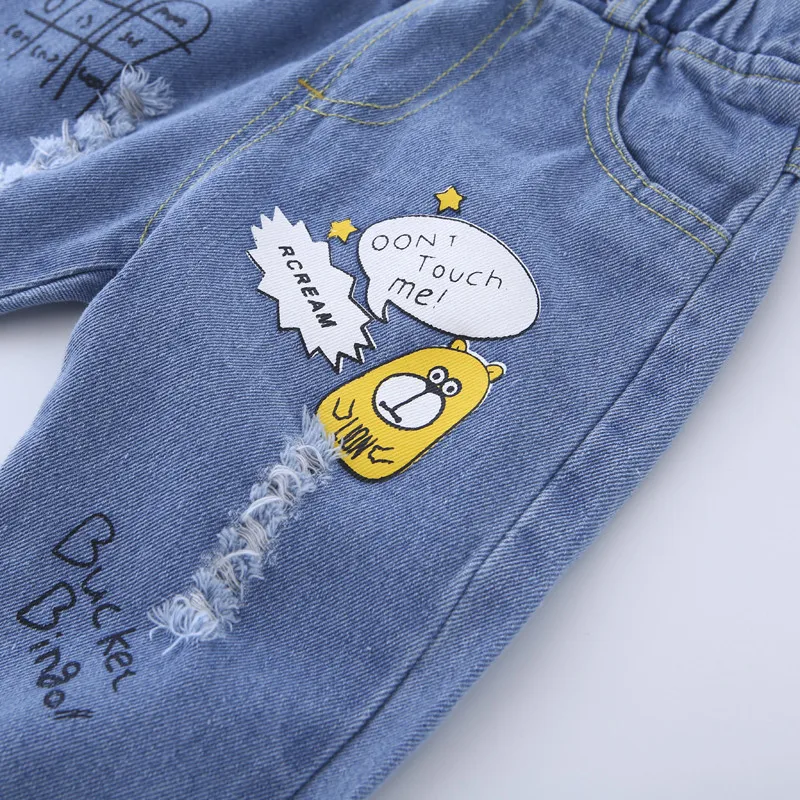 BibiCola spring autumn boys denim pants cartoon broken hole long jeans fashion pencil children brand sport trousers | Мать и ребенок