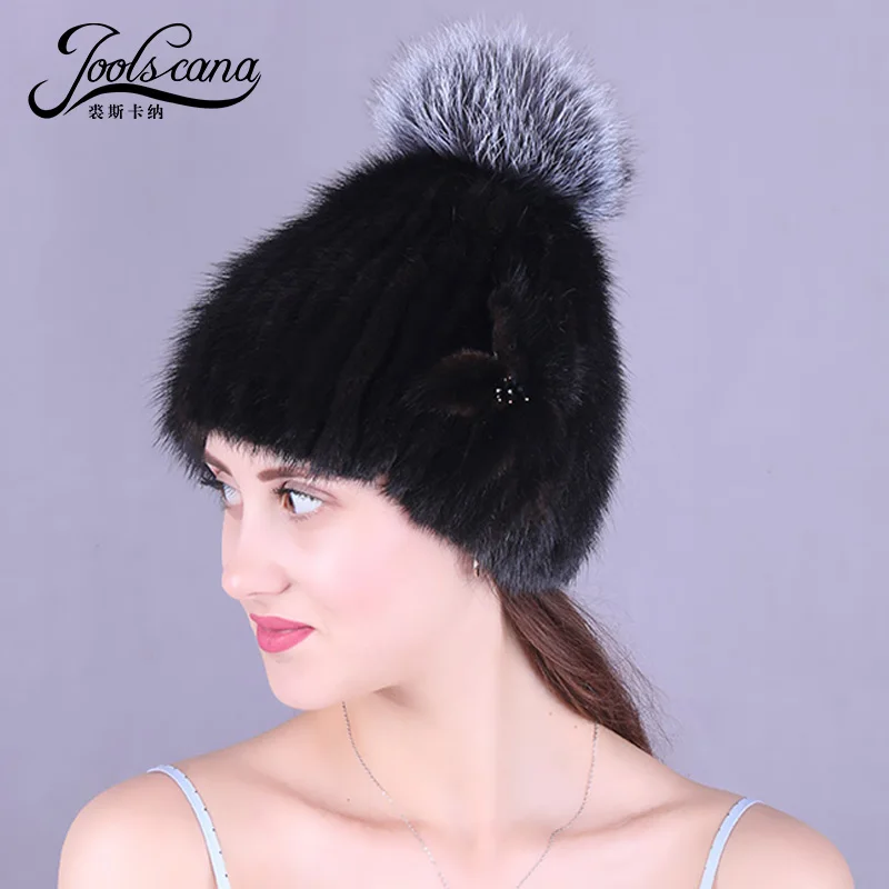 Joolscana норки шляпа женская шапка из настоящего меха новые модные с помпоном blcak коричневый шапочки для девочек
