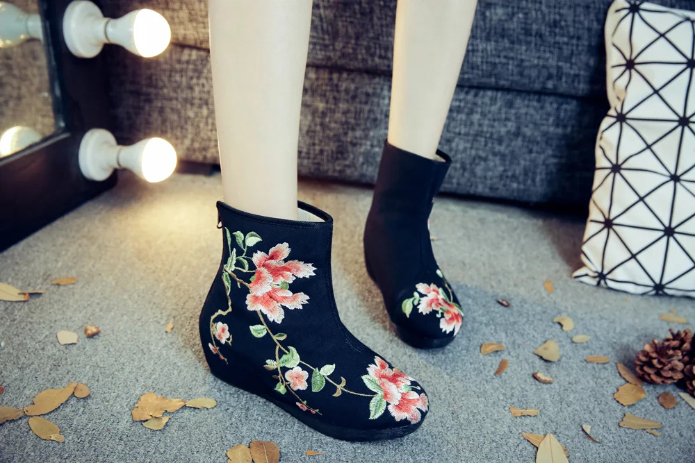 Винтажные повседневные ботинки средней высоты с вышивкой; botas femininas De Inverno; женские парусиновые туфли-лодочки на танкетке и каблуке