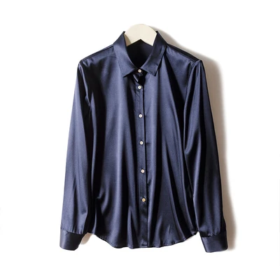 DARKBLUE CS1976 Летняя качественная шелковая рубашка багровая шелковая креповая атласная Женская блузка с длинными рукавами больших размеров M L XL - Цвет: DARKBLUE CS1976