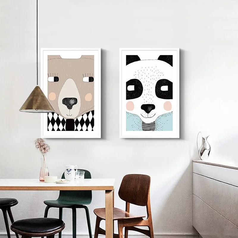 Мультфильм Медведь кролики кошка животные Северный плакат стены искусства холст