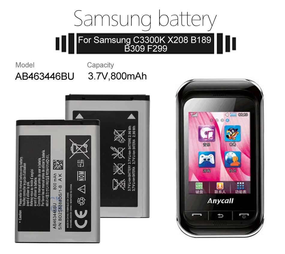 Оригинальная батарея samsung AB463446BU AB463446TU 800 мА-ч для samsung S139 M628 X520 F258 E878 F299 E1200M SGH-B108 GH-M310 SGH-L258