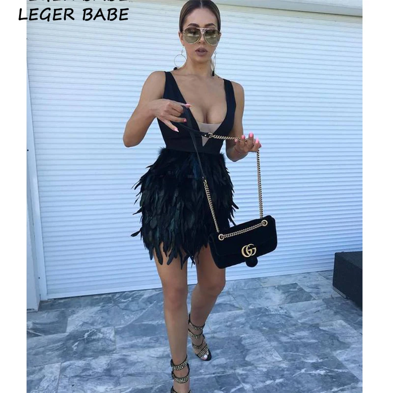 Черное уникальное Бандажное платье модное перо Bodycon Вечерние платья О колене