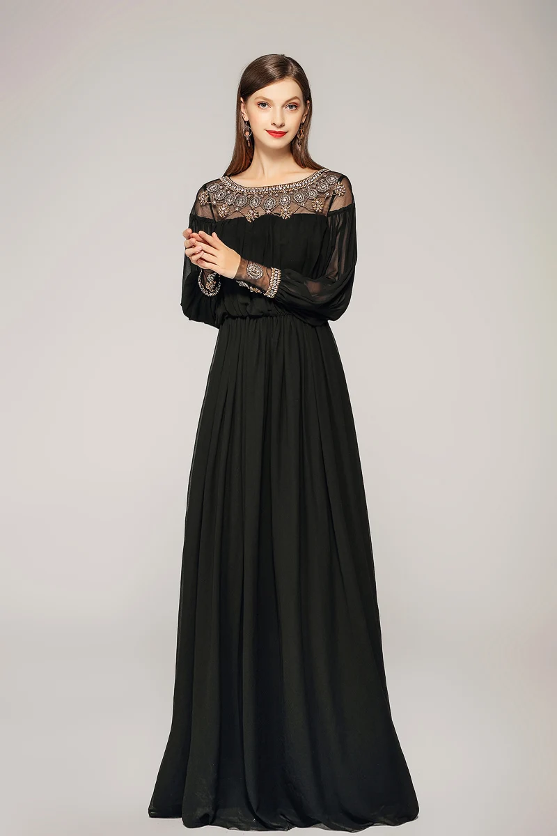 Женское платье трапециевидной формы элегантное с круглым вырезом и длинными