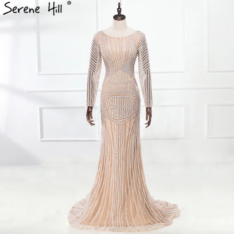 Sexy Gold Nude Mermaid Diamond Evening Dress Long Sleeves Luxury Gowns 2021 Serene Hill LA6015 | Свадьбы и торжества