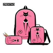 ZRENTAO girl polyester school backpack cartoon cat print mochilas with pencil case cooler bag 3 PCS\set bags for children