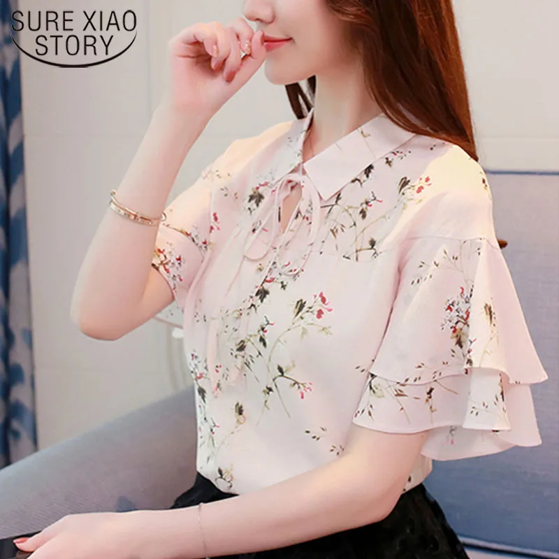 

2019 summer fashion short chiffon sleeve turn down collar women shirt Elegant Lady chiffon blouse Women blouses and top 3150 50