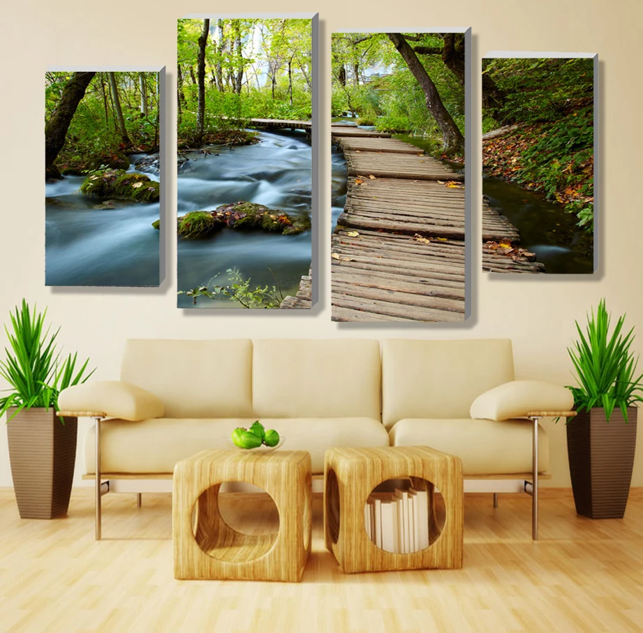 4 Панель наборы Красивый водопад пейзажная живопись цветы современные картины на