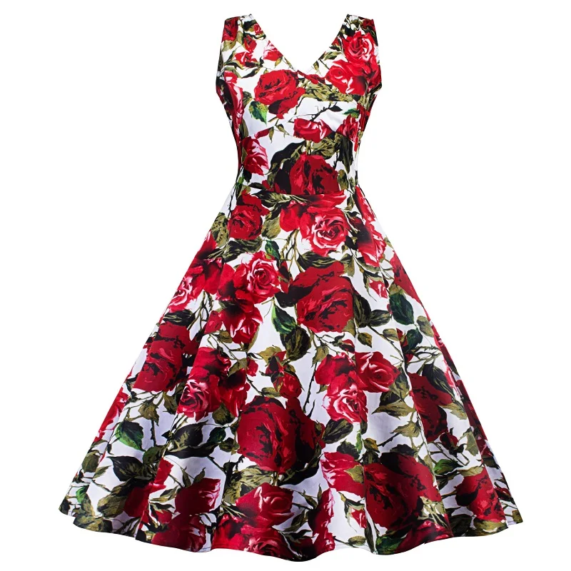 Женское винтажное платье в стиле ретро rockabilly sukienka летнее без рукавов с v образным