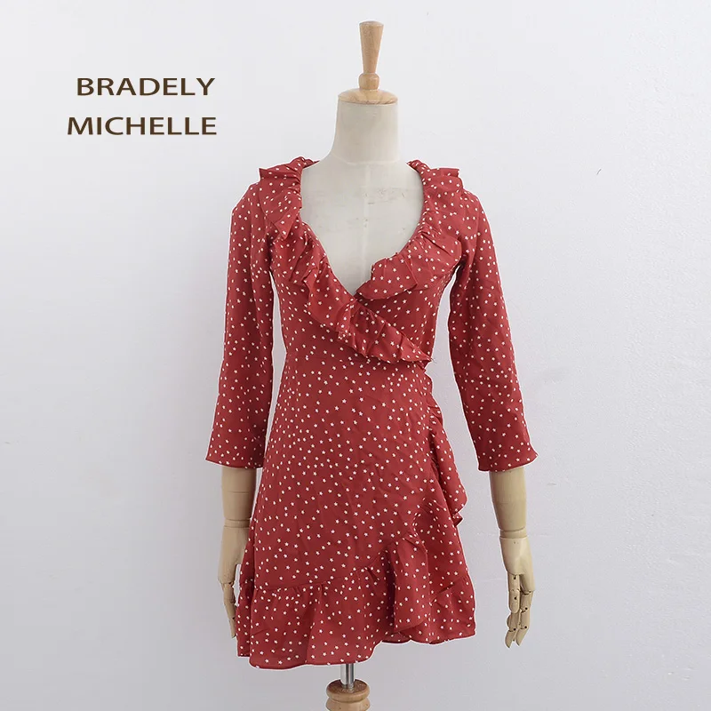 BRADELY MICHELLE летнее платье vestidos verano винтажное сексуальное мини-платье с длинным рукавом и оборками с принтом, цельное платье с повязкой