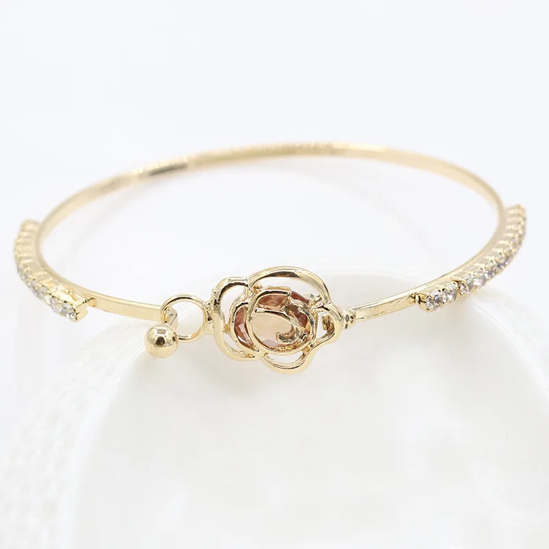 

Center Champagne Rhinestone Hollow Rose Flower Crystal Band Metallic Golden Bracelets & Bangles for Women