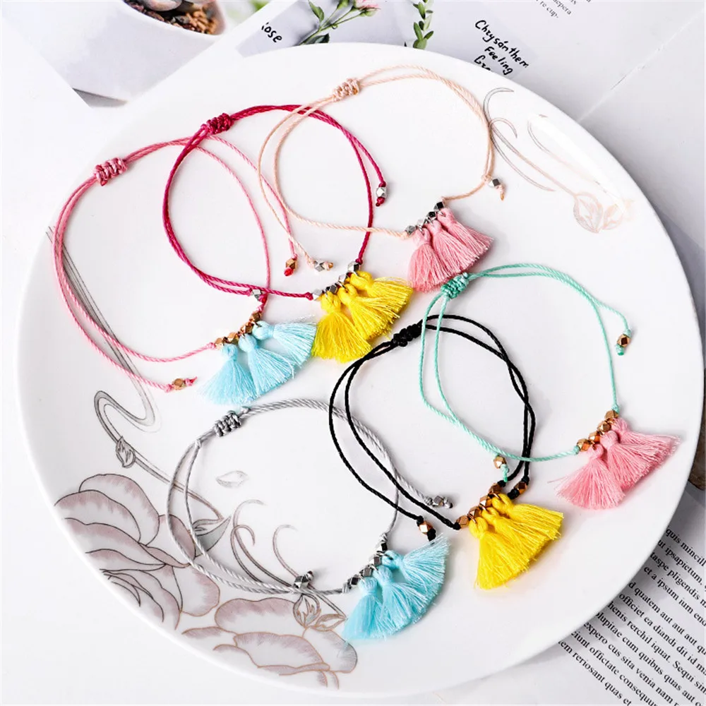 MLING Vintage Multicolor Adjustable Rope Chain Anklet Bohemian Tassel Anklet For Women