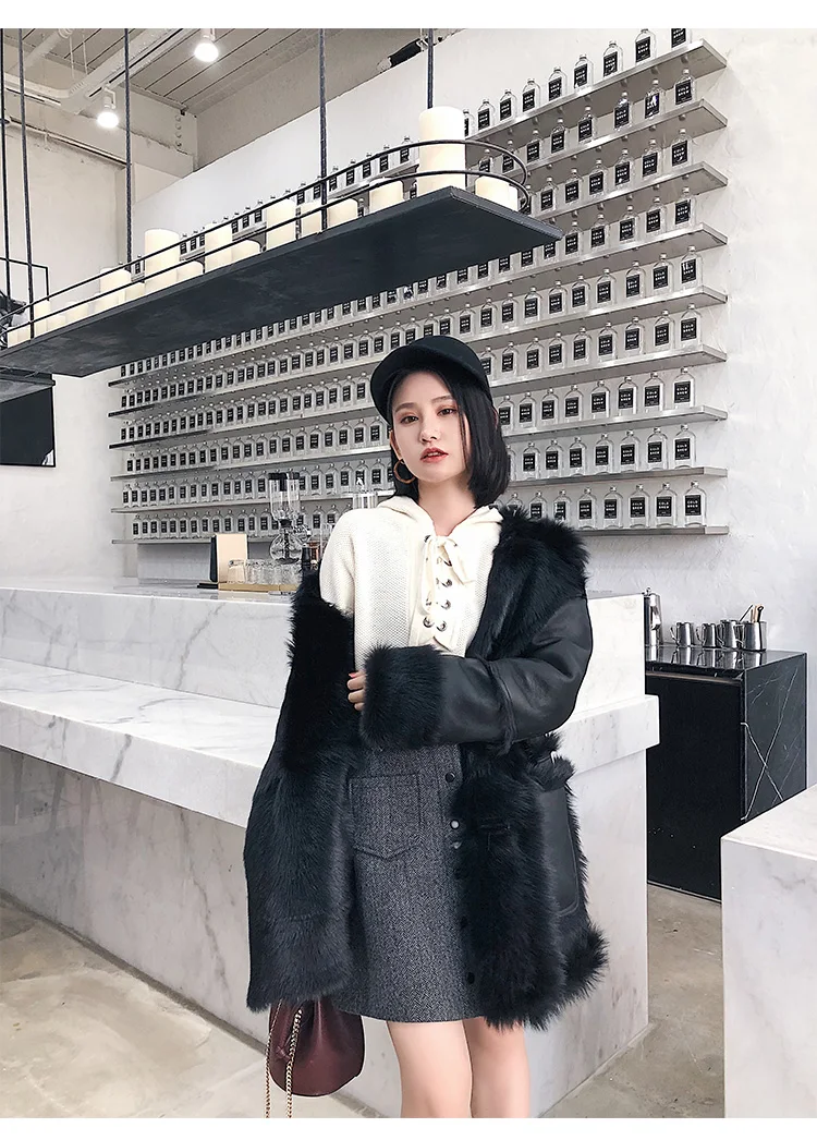 YOLANFAIRY, двухстороннее меховое пальто для женщин, зимнее шерстяное пальто, натуральный мех мериноса, пальто, теплое, утолщенное, мотоциклетная верхняя одежда MF313