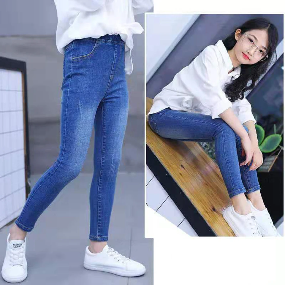 Fashion Autumn Casual Girls Soft Jeans Cotton Children Skinny Denim Pants Kids Girls Clothes Warm Elastic Waist Trousers