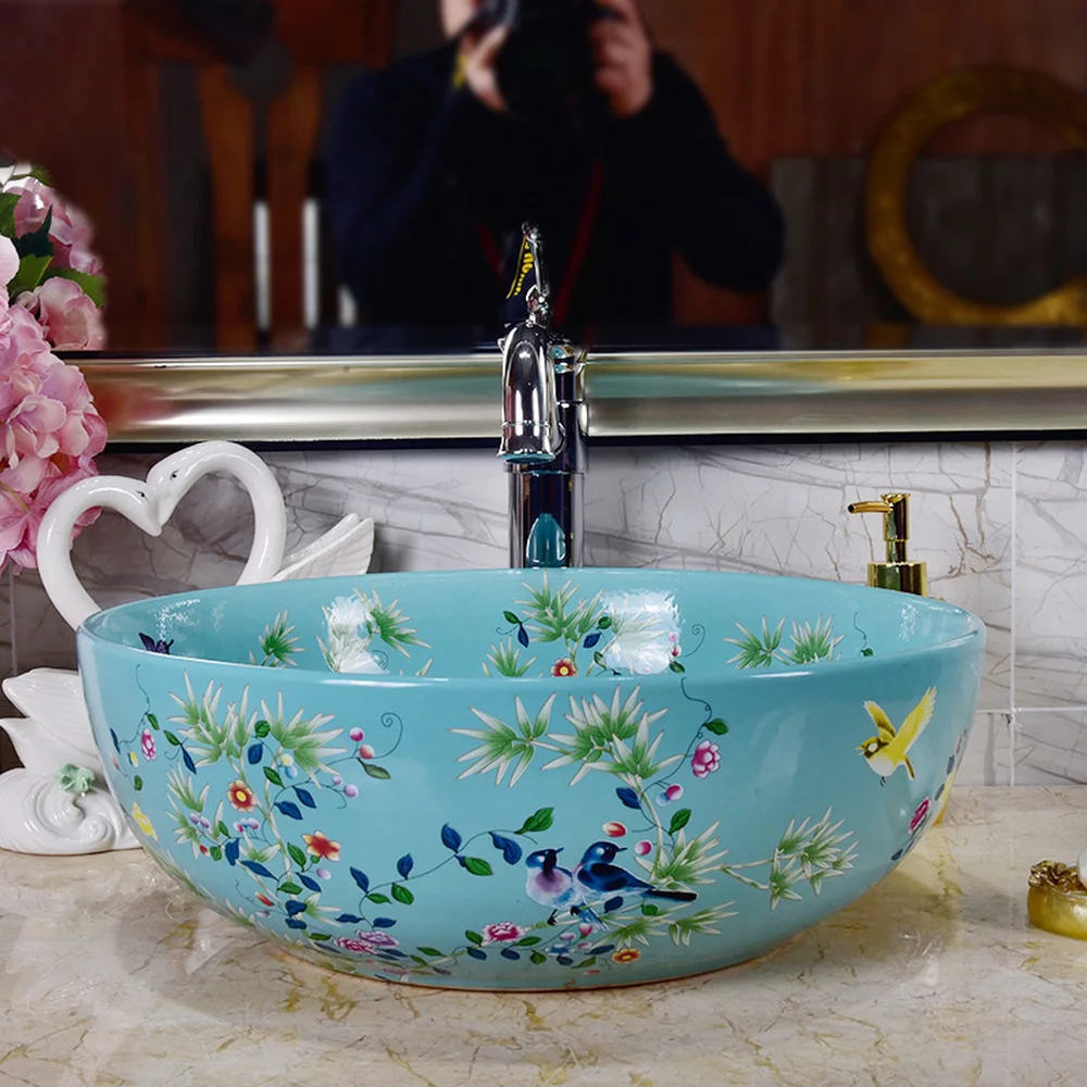 Домашний Умывальник для ванной комнаты Круглый умывальник с цветами и птицами