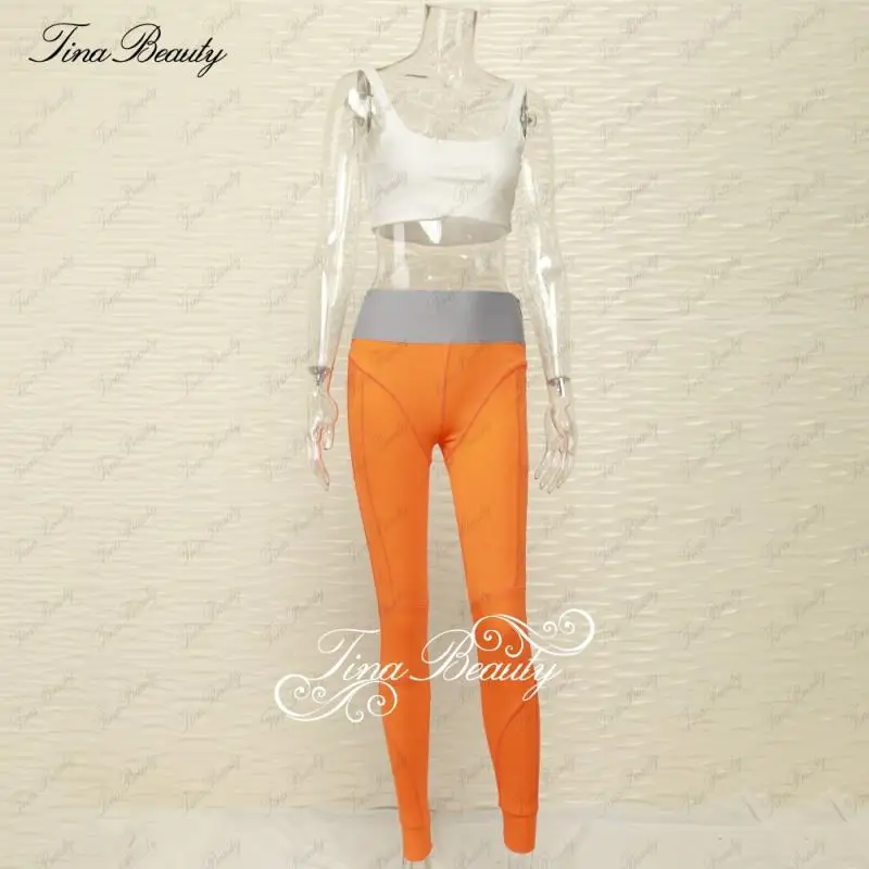Orange Tina beauty Kylie дизайнерский Gymwear комплект из 2 предметов с квадратным вырезом Бюстье и растягивающиеся длинные брюки с хеш-линией - Цвет: Orange