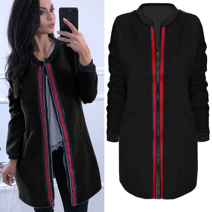 Autumn Winter Zipper Coat 2018 Fahsion New Womens Patchwork Blends Full Sleeve Pockets Casual Female Black Jumpers Warm | Женская одежда