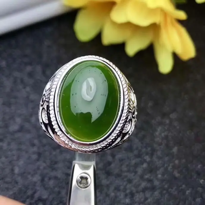 Природный Хотан нефрита человек кольцо стерлингового серебра 925 пробы Оптовые Fine jewelry 13*18 мм gem