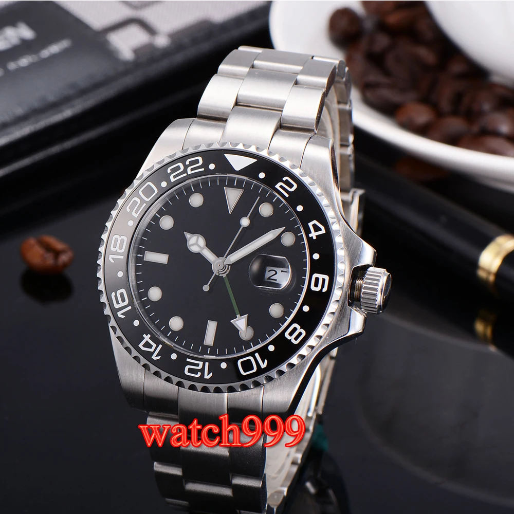 40 мм сапфировый Кристалл зеленый GMT стерильный черный циферблат стальной браслет