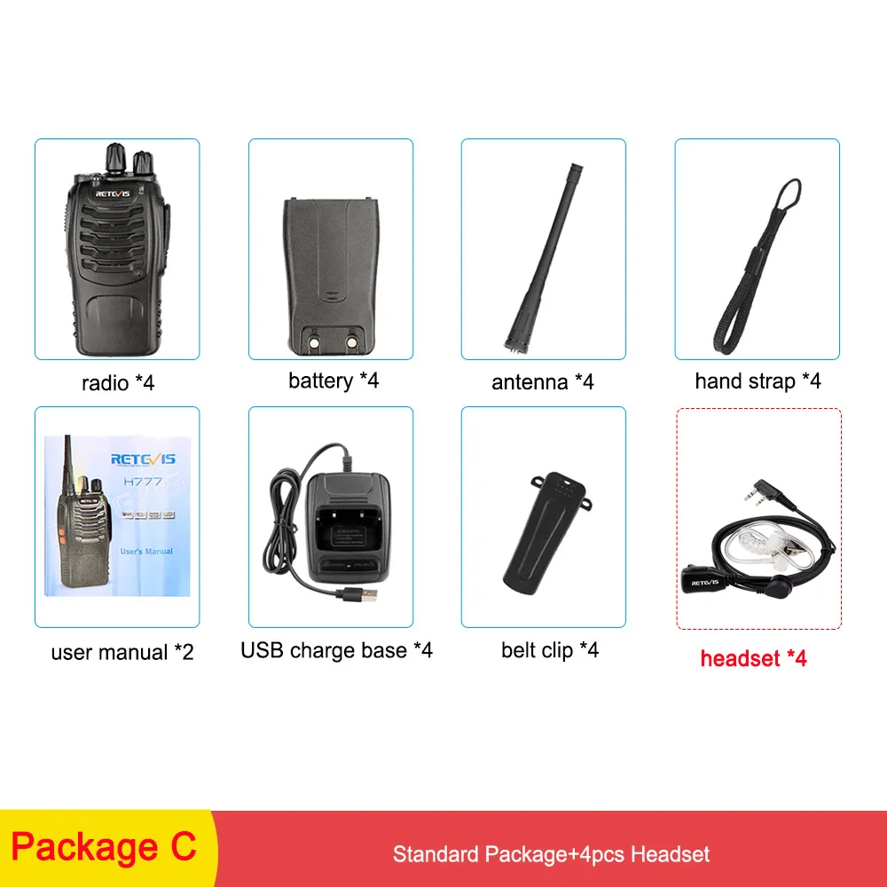 Package C 4 шт. удобная портативная рация RETEVIS H777 3 Вт UHF трансивер двухсторонняя радиостанция коммуникатор двухсторонняя рация для отеля - Цвет: Package C