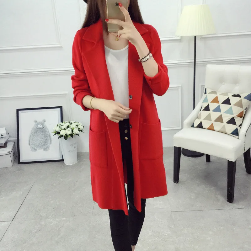 Женский свитер на осень и зиму Повседневный Кардиган с длинным рукавом отложным