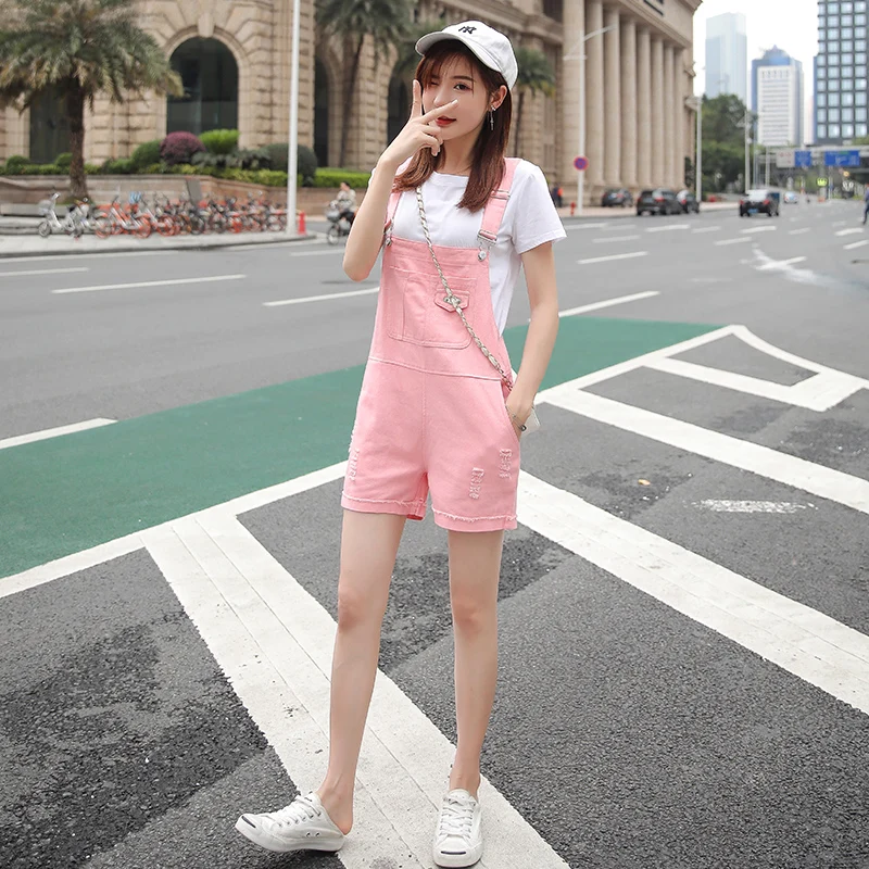 New Arrivals Women Clothes 2019 Solid Hole Denim Short Pants Female Loose Casual Plsysuits Pockets Button jumpsuits | Женская одежда