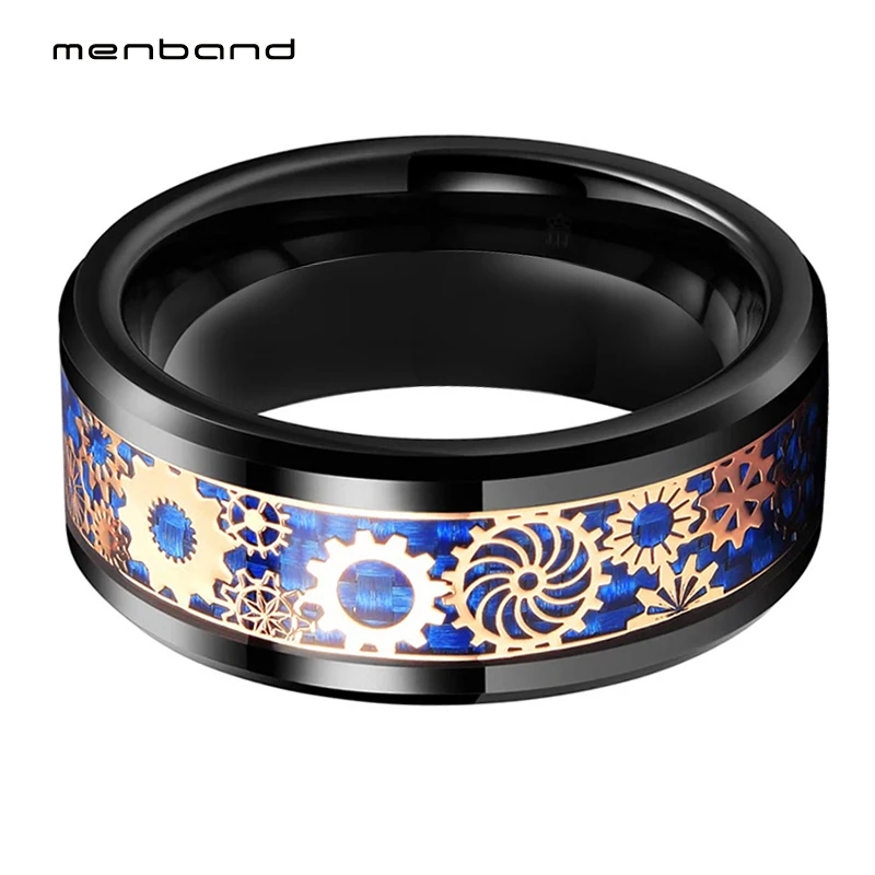 Черный Мужской Перстень Вольфрам обручальное кольцо с розовым механическим зубчатым колесом и голубым углеродным волокном инкрустация скошенными краями комфортная посадка