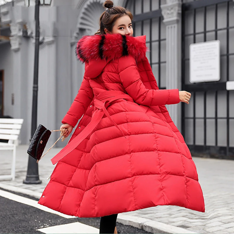 

Winter new version of the large size cold warm Down cotton Hooded fur collar long paragraph over the knee ladies cotton coat