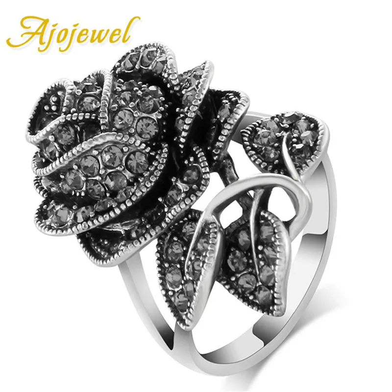 Женское кольцо с розами Ajojewel Винтажное в стиле ретро черным горным хрусталем