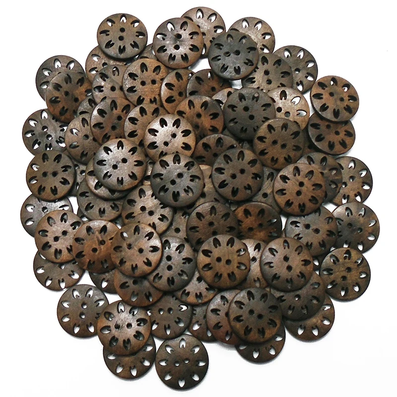 

Wholesale 100PCs 23mm Wood Big Round Hollow Chrysanthemum Flowers Wooden Buttons Sewing Diy Scrapbooking For Coat Handmade