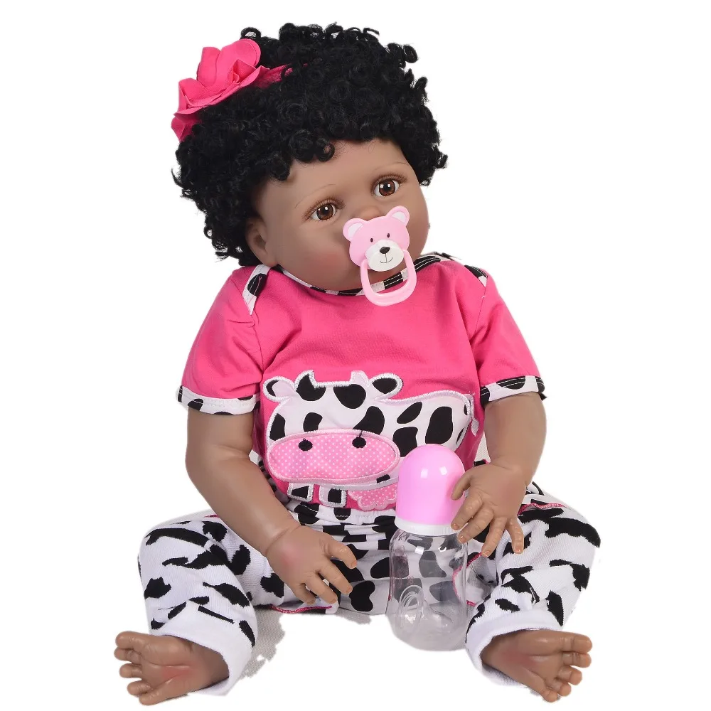 

23inch Dolls Realistic baby Doll soft Full silicone Toys adorable alive waterproof black skin handmade bebe doll bathe presents